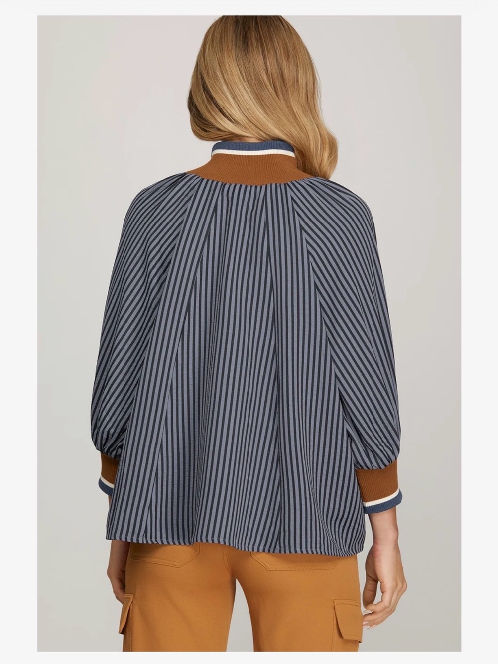 Blue Striped Half-Zip Shirt with Brown Trim - Picture 2 of 10